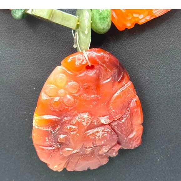 Vintage Hand-Carved Red Carnelian Agate Necklace Floral Lion Green Jade Accents - Picture 2 of 9